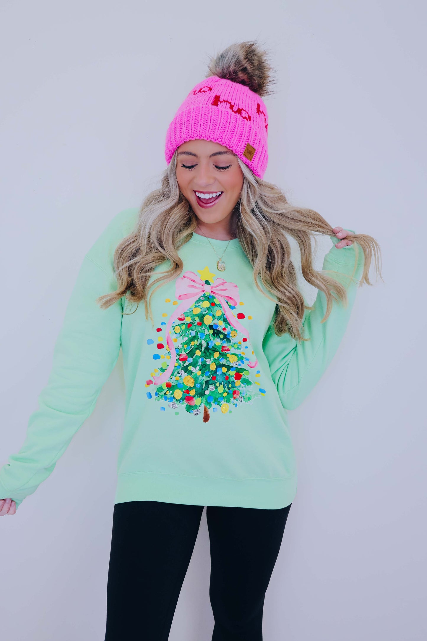 Cascading Pink Bow Christmas Tree Graphic Sweatshirt