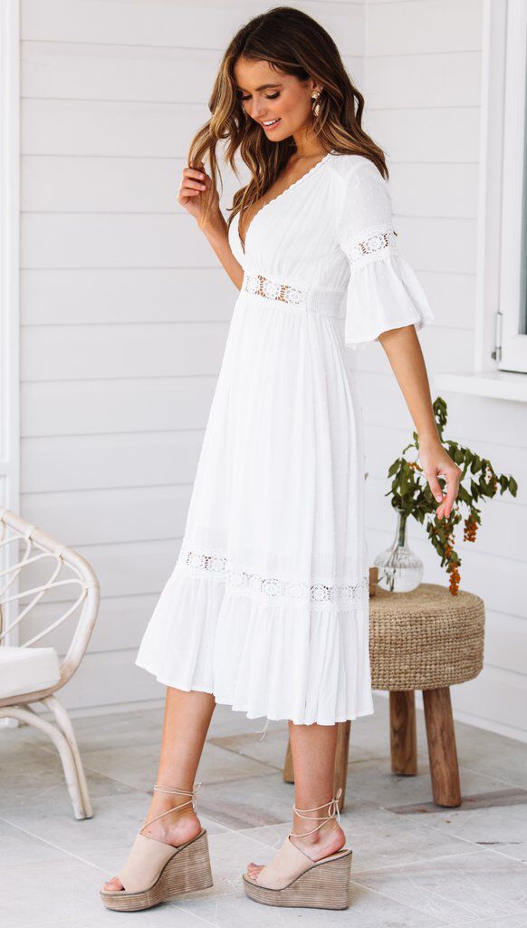 White V Neck Ruffle Hem Lace Midi Dress