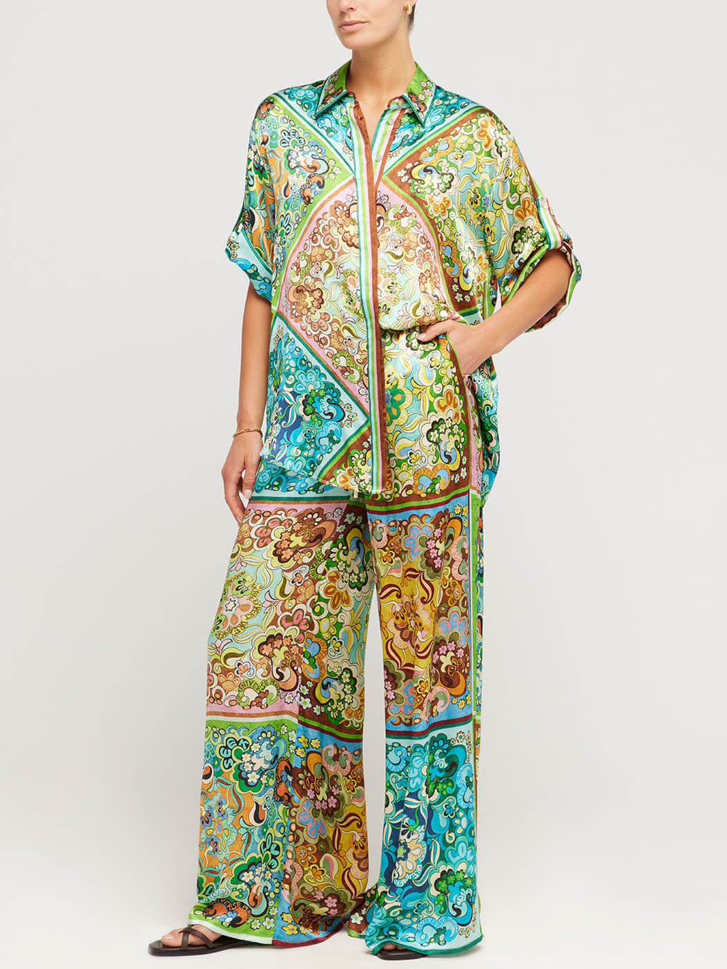 Special Satin Print Button-Down Two-Pieces Set