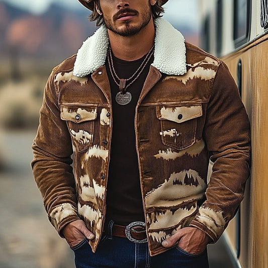 Men's Vintage Western Cowboy Printed Sherpa Jacket