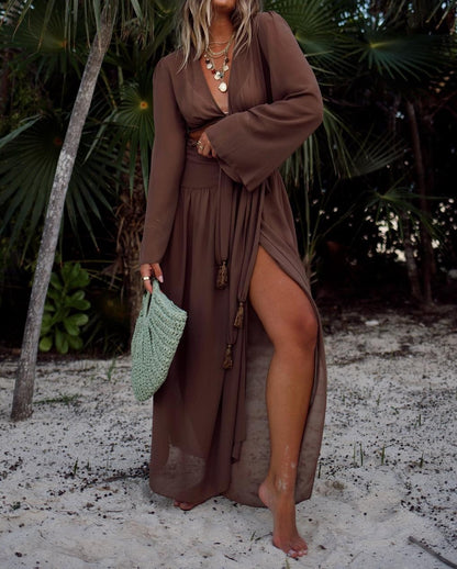 Holiday V-neck Slit Long Sleeve Maxi Dress