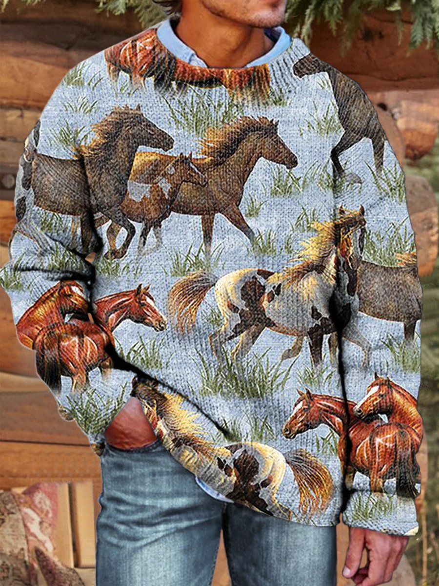 Blue Vintage Western Horse Print Knit Pullover Sweater