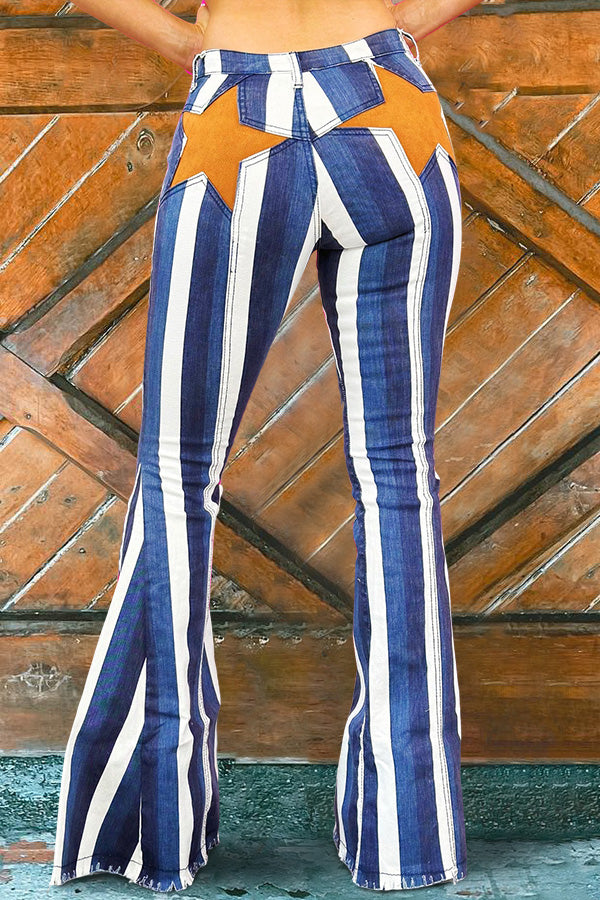 Retro Star Stripe Print Flare Jeans