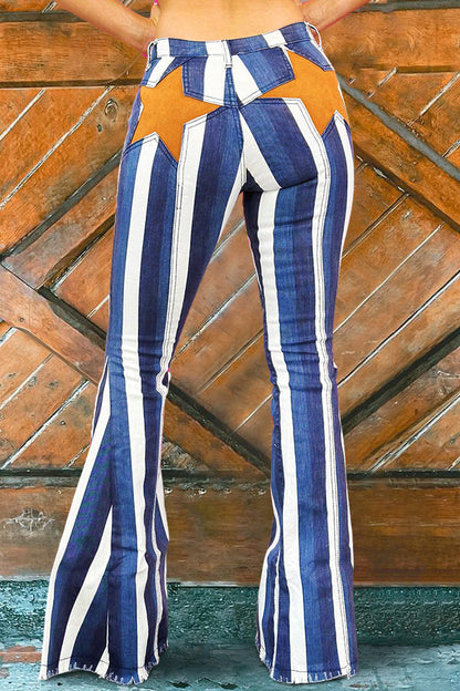 Retro Star Stripe Print Flare Jeans