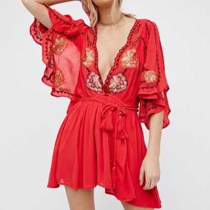 Coral Embroidered Mini Dress