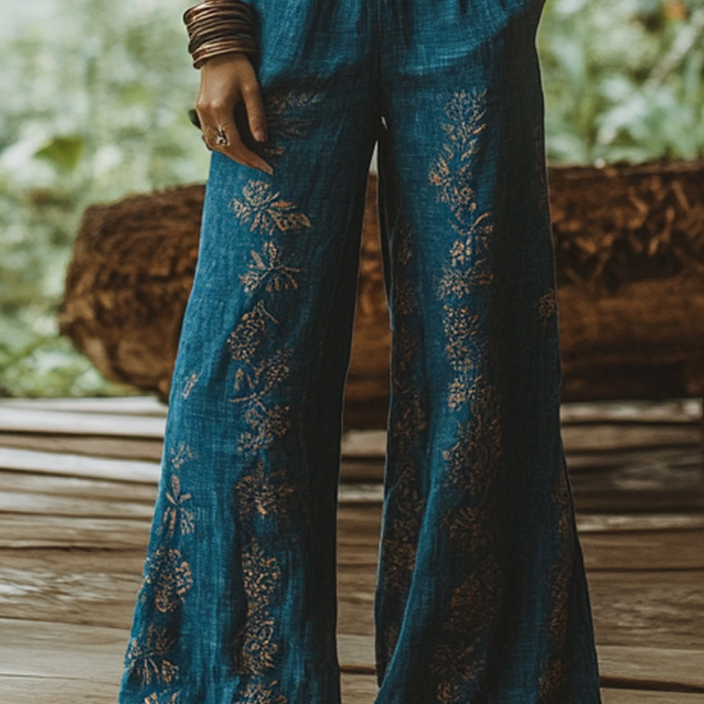 Bohemian Holiday Style Retro Linen Floral Ethnic Totem Print Casual Pants