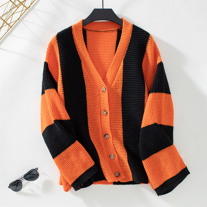 Contrast Color Striped Cardigan Sweater Women's Knitted Sweater