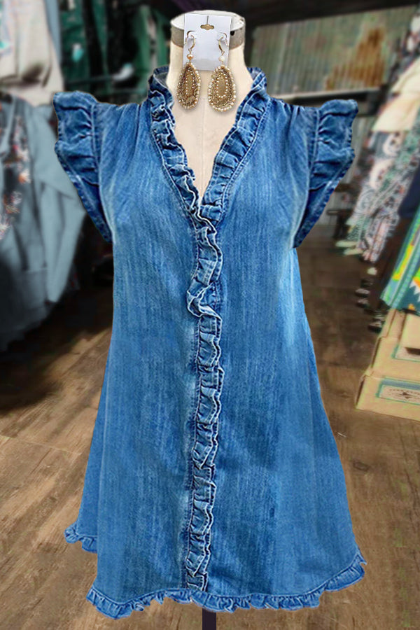 Elegant V-Neck Ruffle Detailed Denim Dress