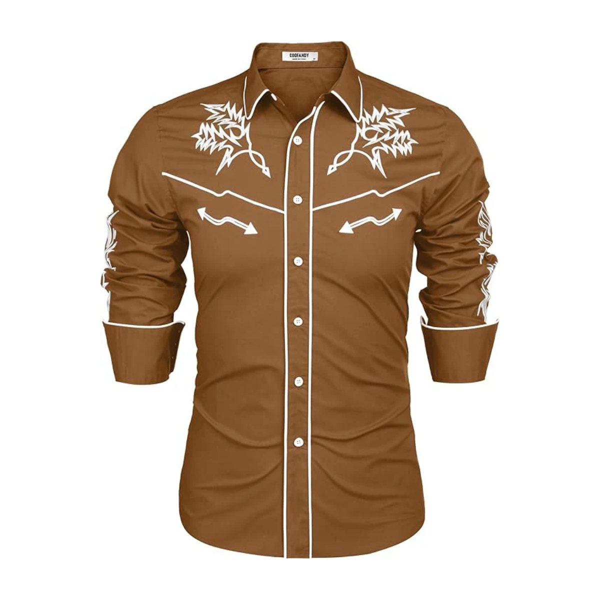 Men's Western Cowboy Shirt Long Sleeve Embroidered Shirt-Light Brown