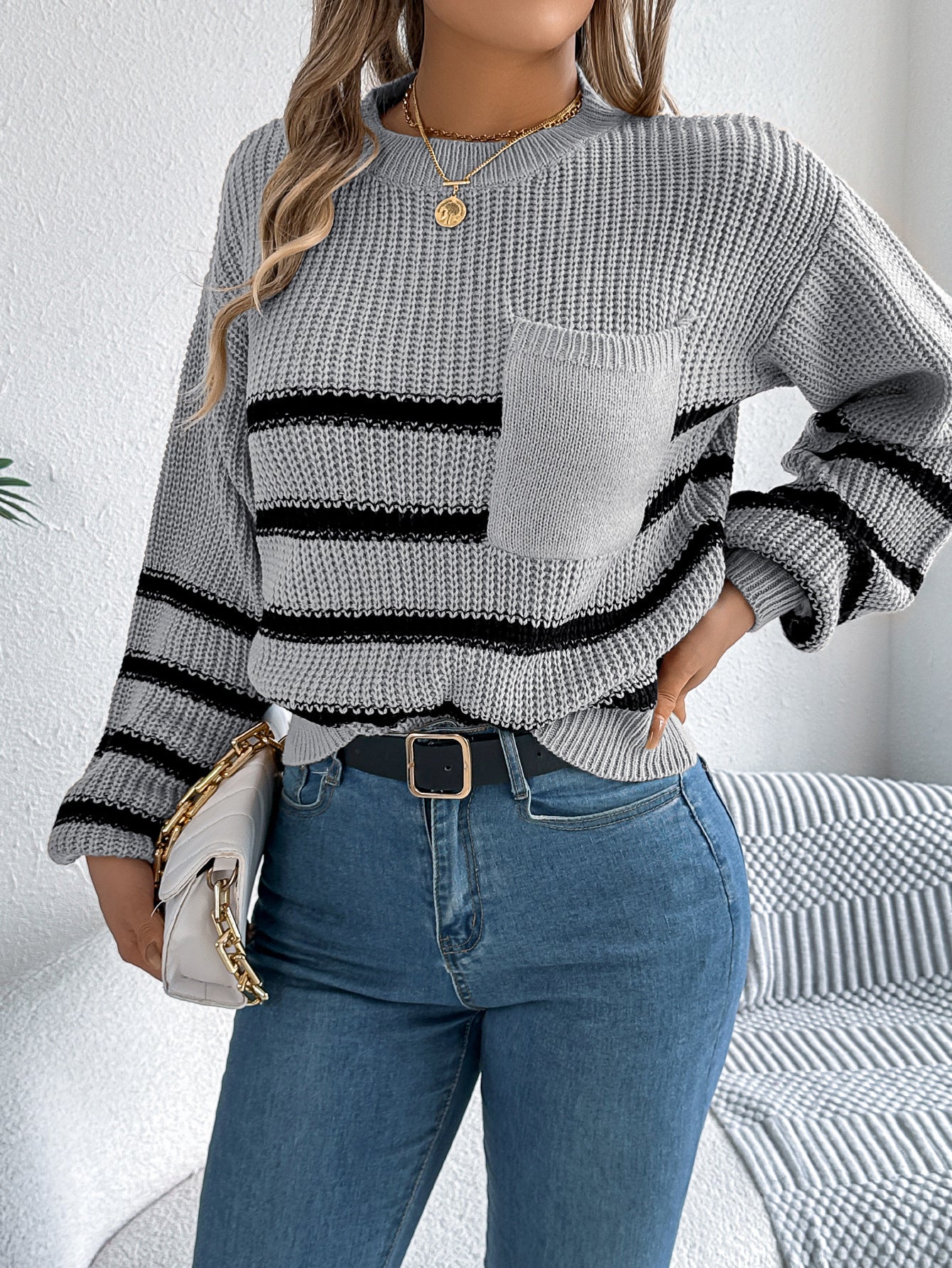 Elsie Striped Knit Pocket Sweater