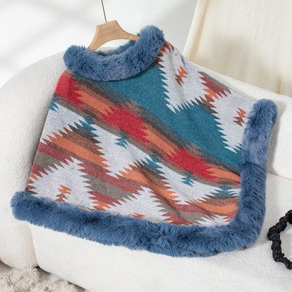 Serena Faux Fur-Trimmed Aztec Poncho