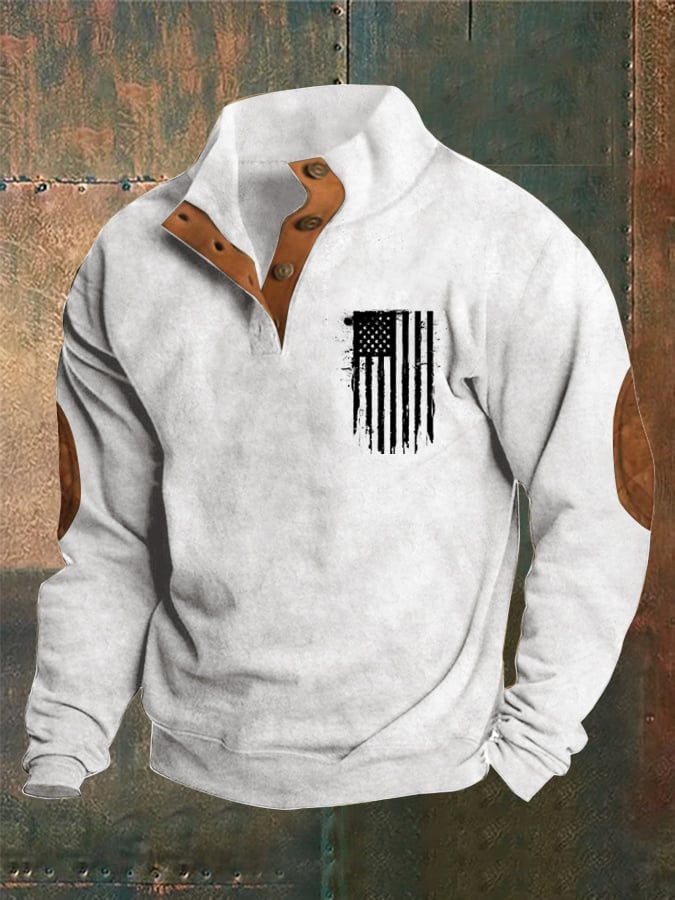 Men's Retro Flag Print Stand Collar Button Sweatshirt