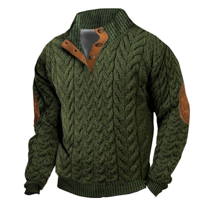 Men's Casual Retro Cashmere Knitting Stand Collar Button Sweatshirt Army Green Suede Elbow Patch Top