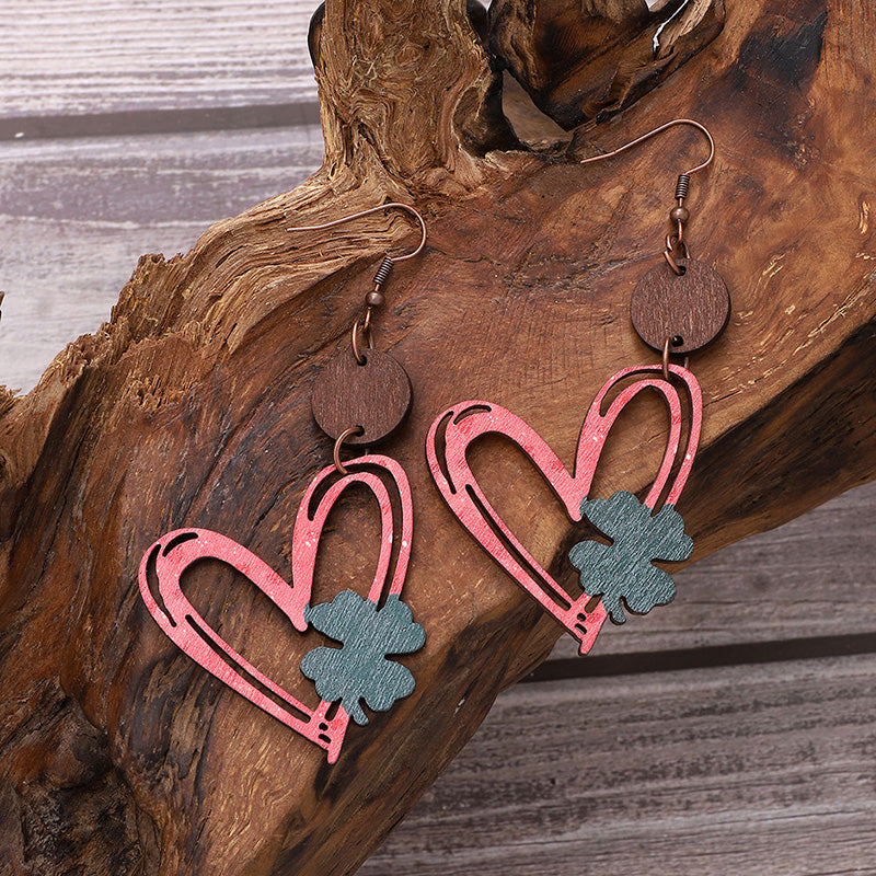 Valentine's Day Heart Hollow Four-leaf Clover Wooden Earrings