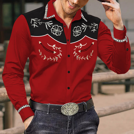 Men's Vintage Western Cowboy Floral Print Long Sleeve Shirt