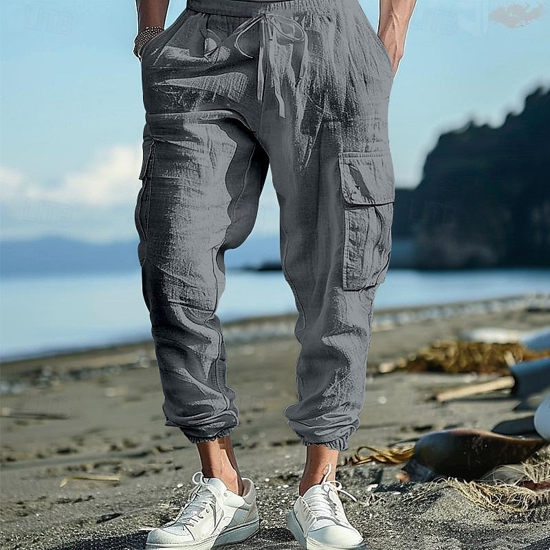 Men's Casual Drawstring Solid Color Loose Cotton Linen Work Pants