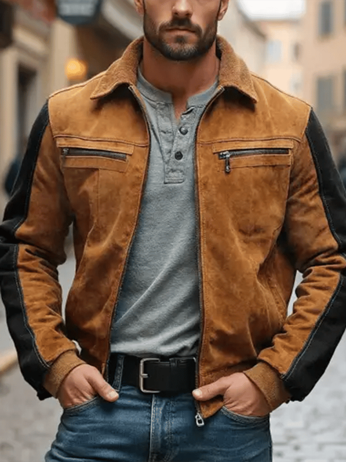 Men's Vintage Suede Multi-Pocket Fur Lapel Outdoor Jacket