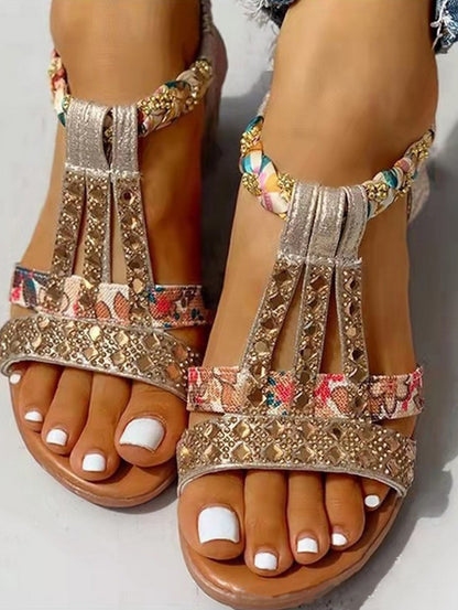 Casual Boho Rhinestone Crochet Strappy Round Toe Wedge Sandals