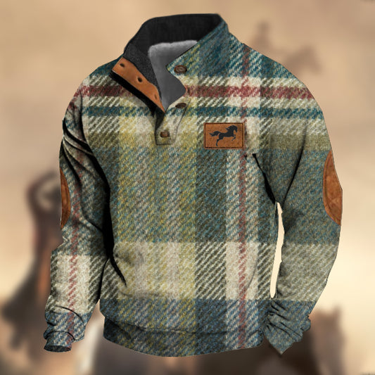 Men's Vintage Country Western Horse Blue Green Wool Plaid Print Stand Collar Sweatshirt