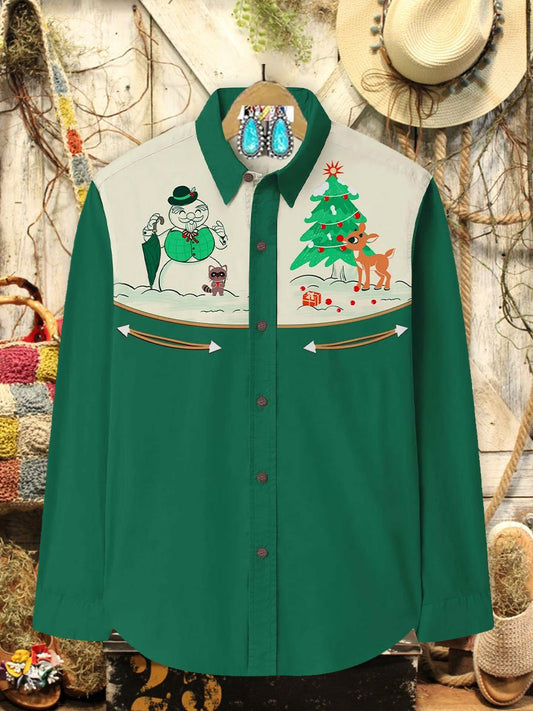 Vintage Snowman and Christmas Tree Art Print 100% Cotton Long Sleeve Shirt