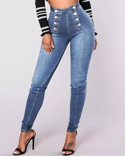 High-Waisted Casual Two-Row Stretch Jeans With Multiple Buttons