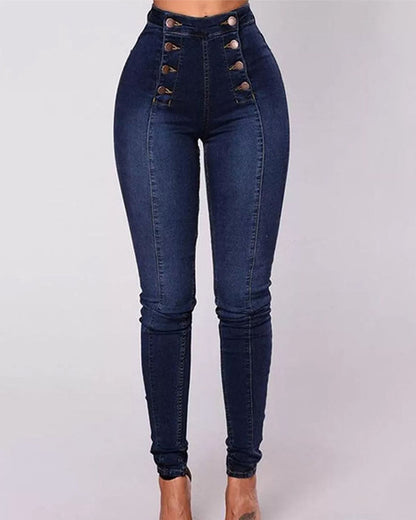 High-Waisted Casual Two-Row Stretch Jeans With Multiple Buttons