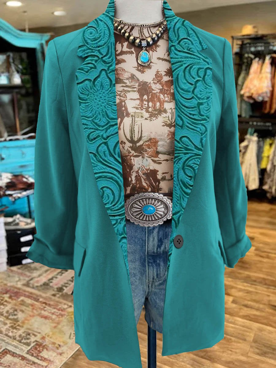 Women's Vintage Turquoise Floral Print 3/4 Sleeve Casual Blazer