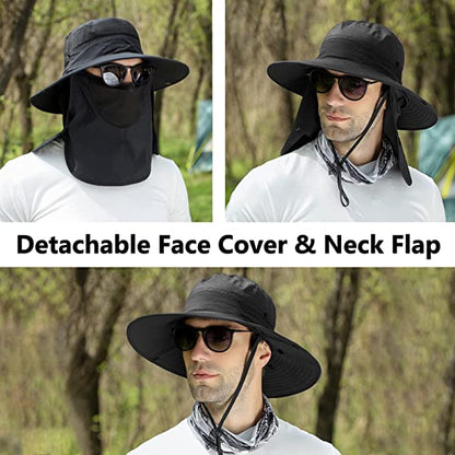 UPF 50+ Sun Fishing Hat for Men Women Wide Brim Hat with Detachable Face Cover & Neck Flap Khaki