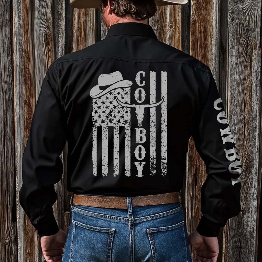 Men's Vintage Western Cowboy American Flag Long Sleeve Rodeo Shirts