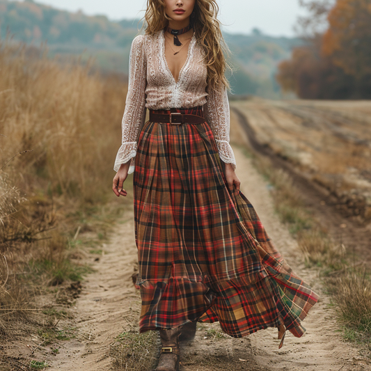 Women's Retro Plaid V-neck Long-sleeved Long Skirt Pastoral Style Dress