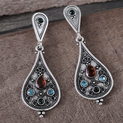 Personalized Retro Three-color Gemstone Geometric Water Drop Simple Fashion Earrings