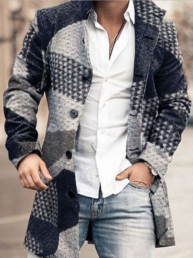 Men's Retro Buttoned Stand Collar Printed Woolen Jacket