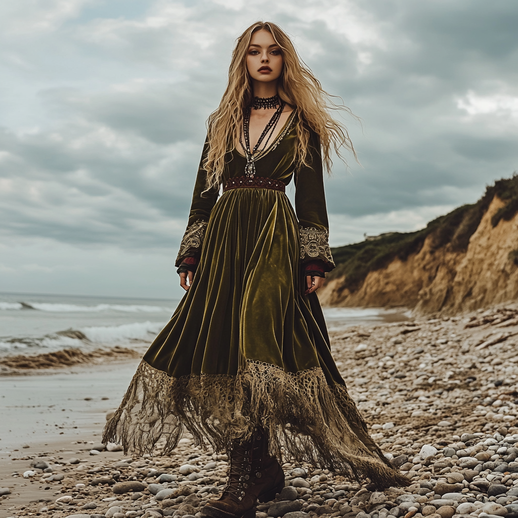 Breezy Bohemian Beach Vacation Autumn And Winter Velvet Ethnic Style Fluttering Dress