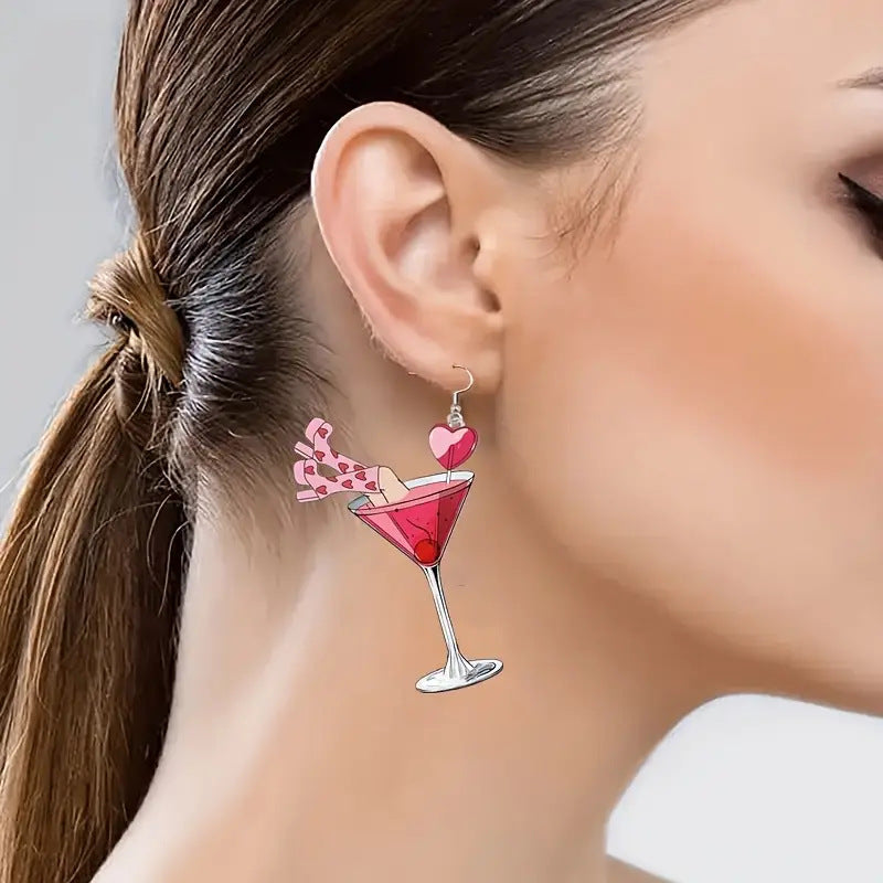 Valentine's Day Creative Design Pink Heart Wine Glass Earrings