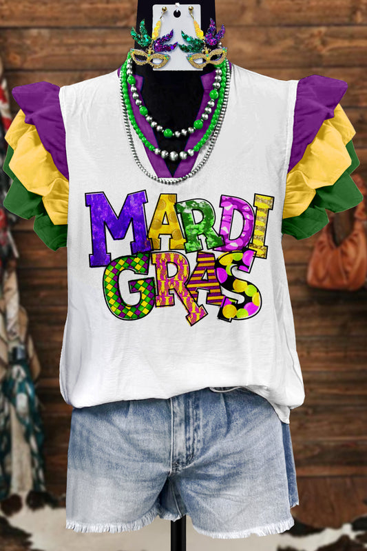 Classic Mardi Gras Print Fly Sleeve Blouse