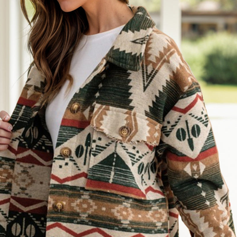 Women's Thickened Vintage Aztec Print Tweed Jacket