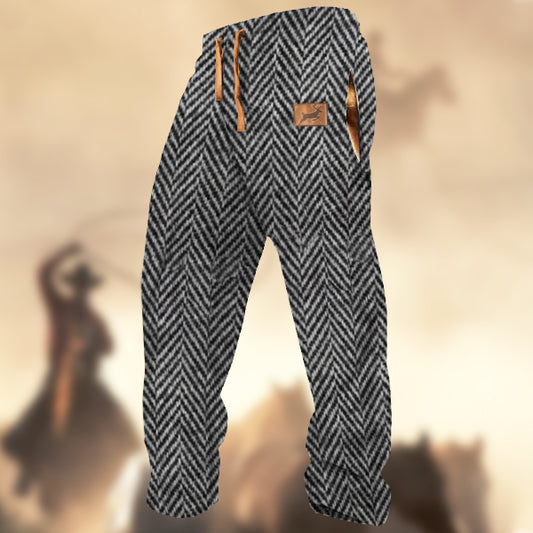 Men's Light Grey Retro Country Elk Herringbone Casual Sweatpants