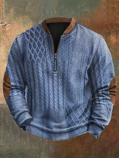 Men's Vintage Western Knitted Print Zipper Stand Collar Casual Sweatshirt