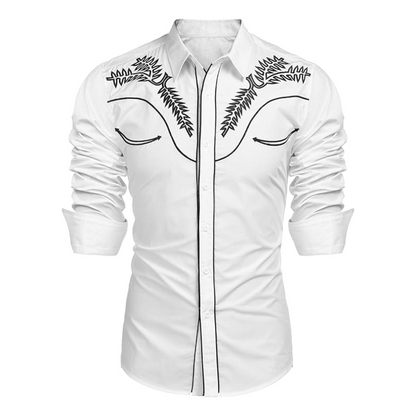 Men's Long Sleeve Slim Fit Embroideres Cowboy Shirts-White