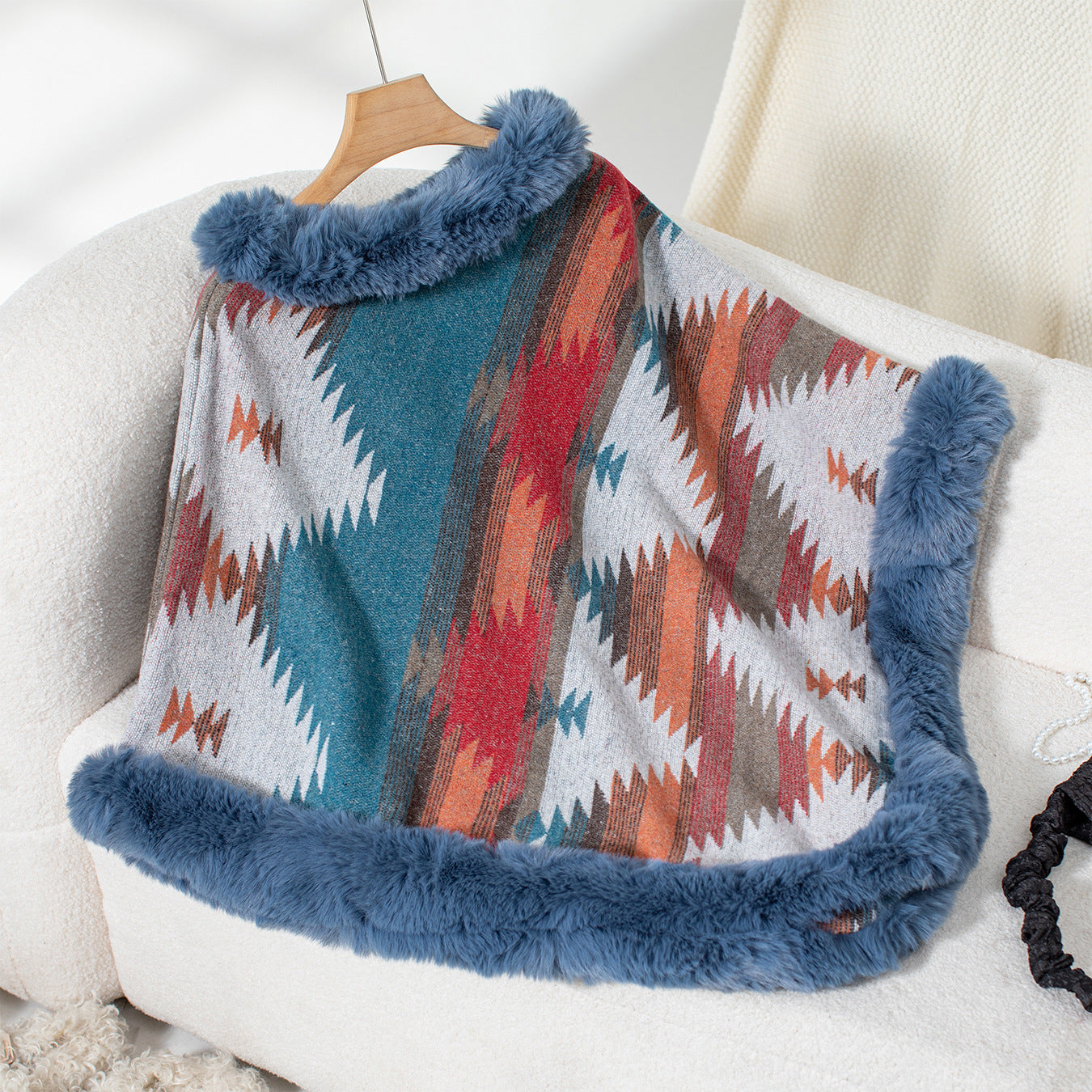 Serena Faux Fur-Trimmed Aztec Poncho