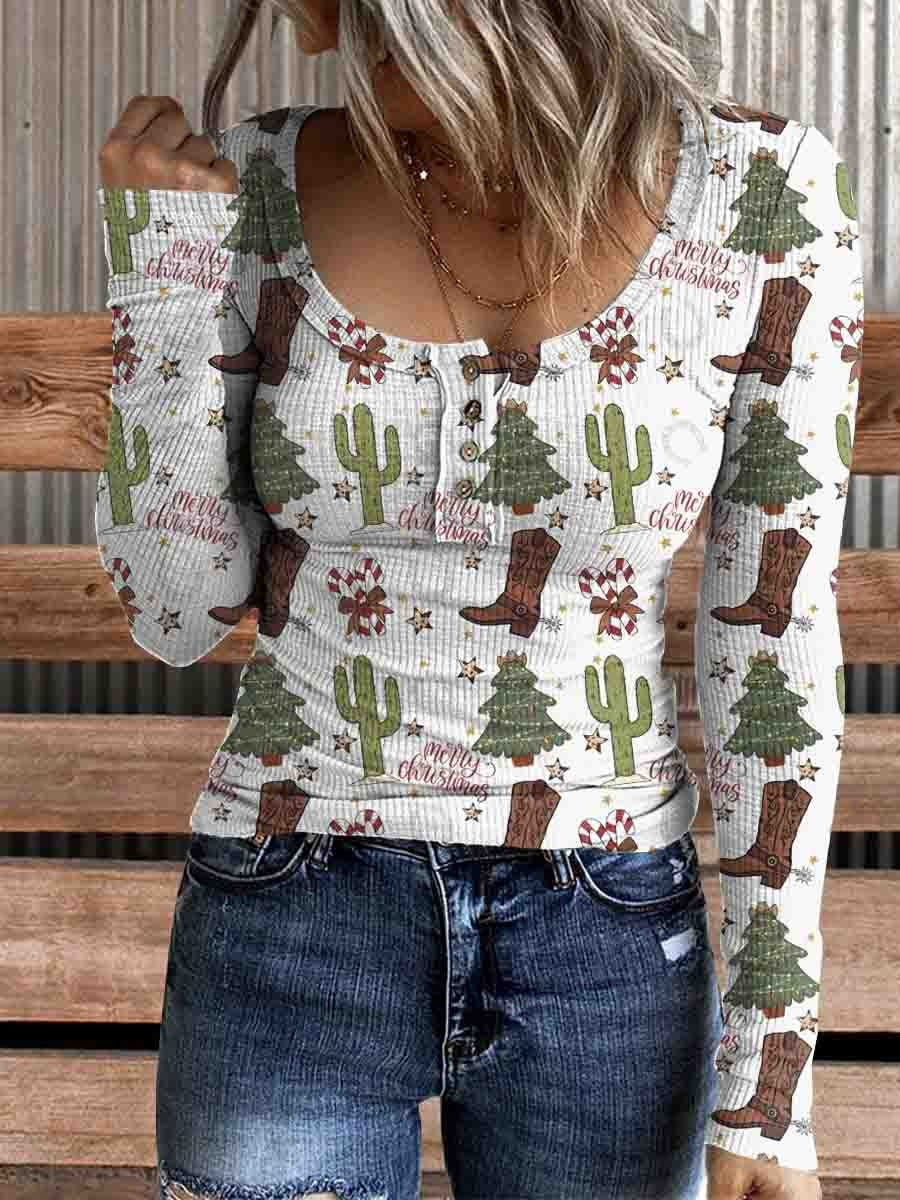 Women's Christmas Tree and Boots Print Comfortable Cotton Henley Shirt