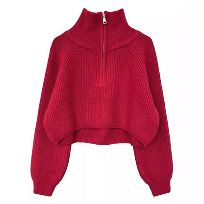 Retro Half Zipper Cropped Bat Sleeve Pullover Sweater Women