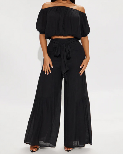 One-Shoulder Bubble Sleeve High-waist Trousers Sets