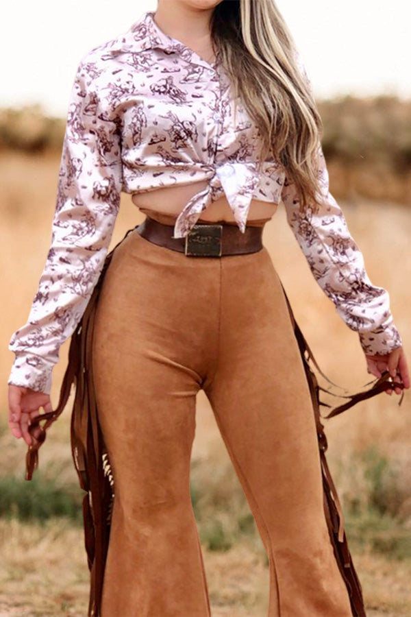 Flowing Fringed Suede Flared Trousers