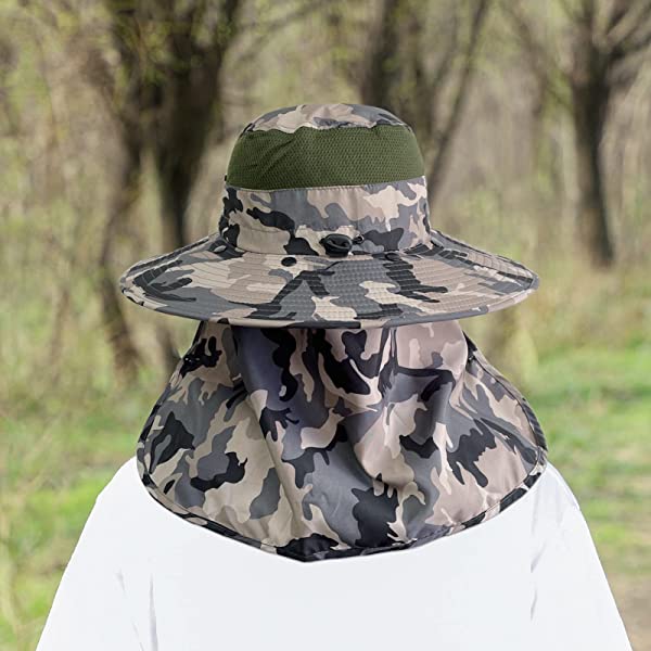 UPF 50+ Sun Fishing Hat for Men Women Wide Brim Hat with Detachable Face Cover & Neck Flap Khaki