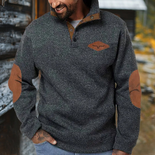 Men's Western Logo Vintage Herringbone Fabric Henley Elbow Patch Color Block Western Sweatshirt