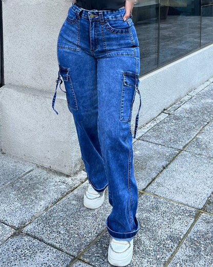 Women's High Waist Cargo Jeans Flap Pocket Wide Leg Denim Pants