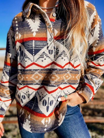 Retro Ethnic Style Aztec Button Collar Sweatshirt