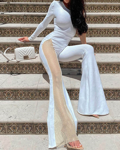 One-Shoulder Long-Sleeved Mesh Paneled Bootcut Jumpsuit