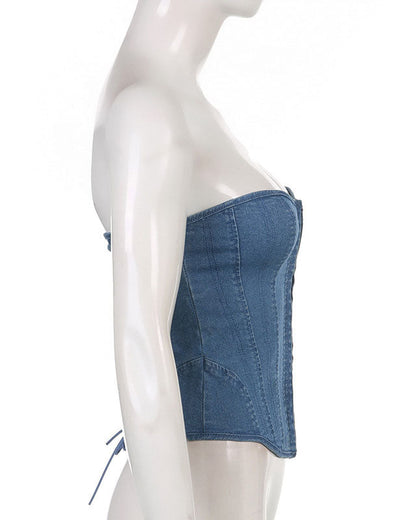 Wave Collar Herringbone Slim Fit Strap Solid Color Denim Tube Top Vest